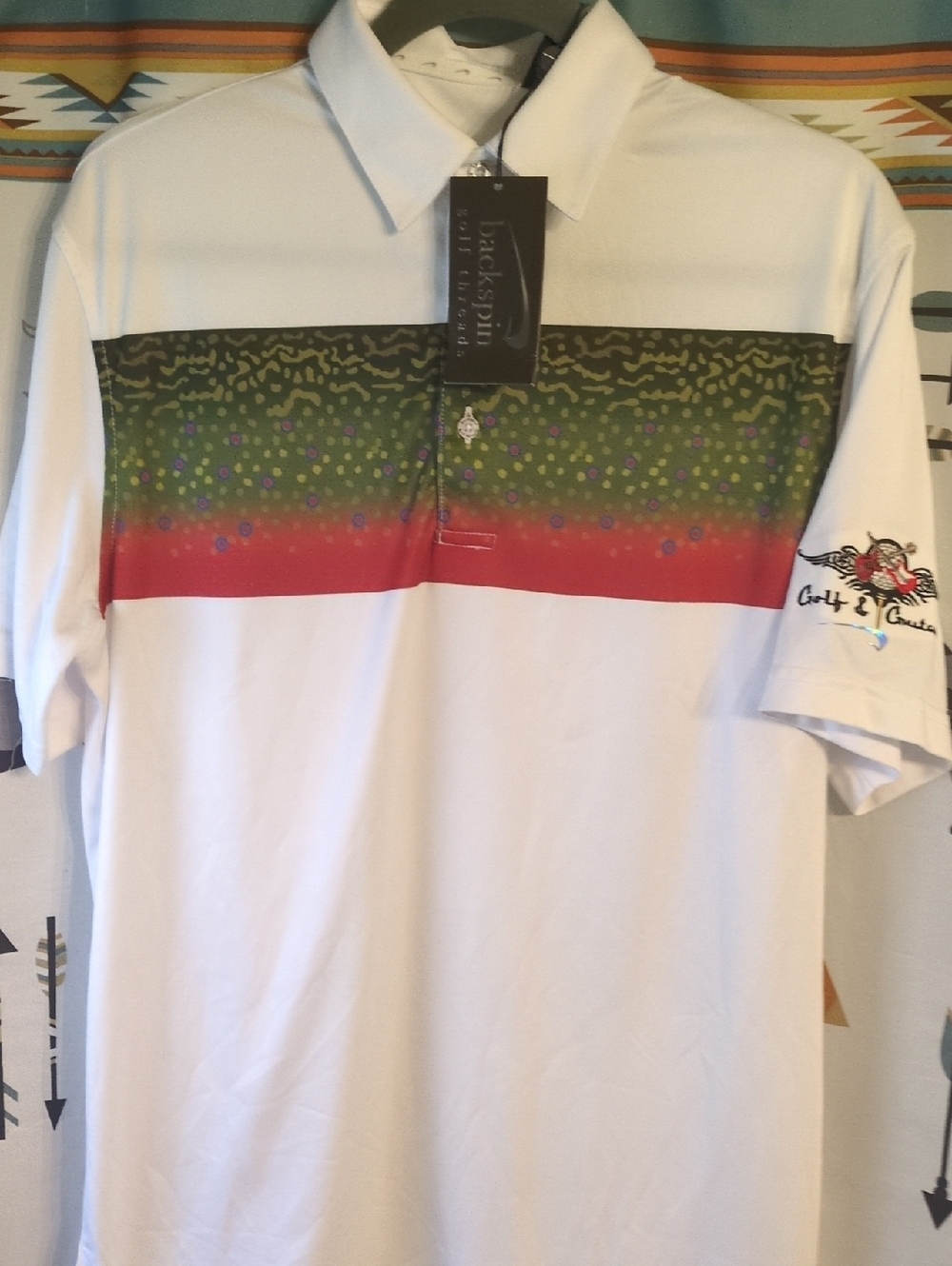 Men's White Polo with Green and Red Chest Stripe